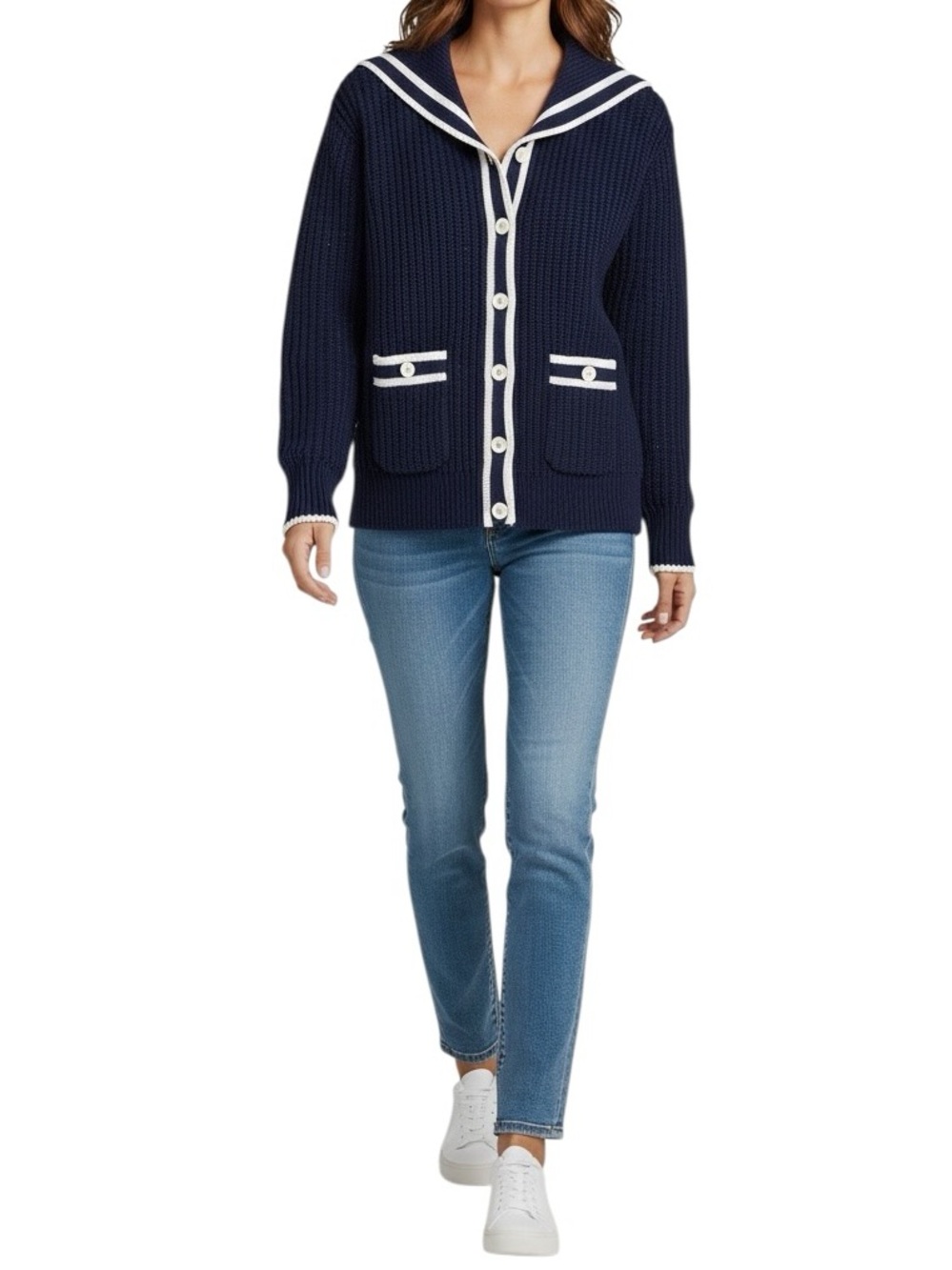 J. Crew Textured Knit Sailor Cardigan in Navy Blue and White Size Medium NWOT